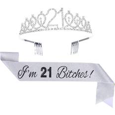 Topfunyy 21st Birthday Tiara and Sash Set 'I'm 21 Bitches' Silver Sash Crystal Crown Birthday Gift for Girls 21st Birthday Party Supplies