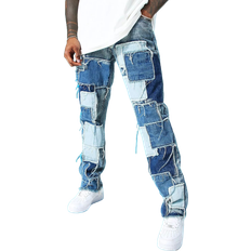Men - Viscose Trousers & Shorts boohoo Straight Leg Denim Patchwork Jeans - Light Blue