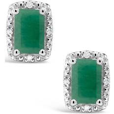 Macy's Rectangle Halo Stud Earrings - Silver/Emerald/Diamonds