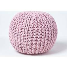 Pink Poufs Homescapes Pink Knitted Cotton Footstool Pouffe