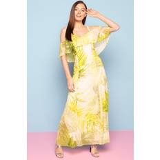 Long Dresses - Women - Yellow Roman Leaf Print Cold Shoulder Maxi Dress