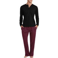 SLEEPHERO Men's Sleep Bottoms Black Black & Burgundy Long-Sleeve Button-Front Pajama Set Men