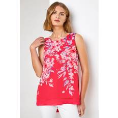 Red Blouses Roman Floral Print Chiffon Overlay Top