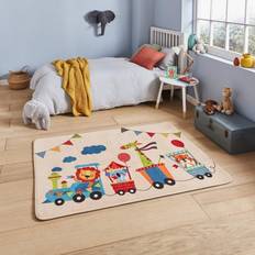 Think Rugs 120x160cm Inspire G3434 Blue and Beige Kids Train with Animals Bright Fun Children Mats