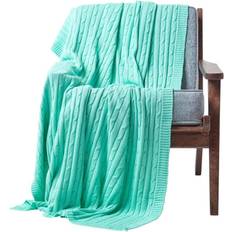 Homescapes Cotton Cable Knit Pastel Throw, 130 Blankets Blue, Green, Grey, Pink