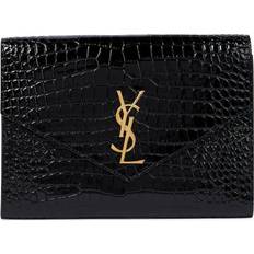 Saint Laurent Monogram Croc Embossed Leather Clutch Black/Gold