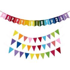 4-Piece Rainbow Happy Birthday Banner Set, Colorful Felt Pennant Flags for Party Decorations 8 Feet