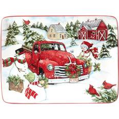 Certified International Red Truck Snowman Rectangular Serving Dish