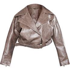 PrettyLittleThing Faux Leather Relaxed Fit Belted Biker Jacket - Plus Brown Distressed