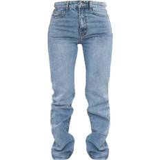 PrettyLittleThing Long Straight Leg Raw Hem Jeans - Mid Blue Wash