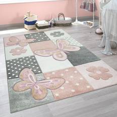 Grey Rugs Kids Room Rug with Butterflies and pink Flowers Pastel Colors Pink 2'8"
