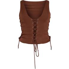 PrettyLittleThing Woven Lace Up Detail Plunge Sleeveless Top - Chocolate