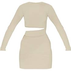 PrettyLittleThing Slinky Cut Out Waist Ring Detail Bodycon Dress - Stone