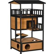 Pawhut Wooden Cat House 3-Tier for Winter Shelter Lodge Bottom 75.5x75x137cm