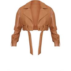 PrettyLittleThing Oversized Belted Hem Cropped Biker Jacket - Tan