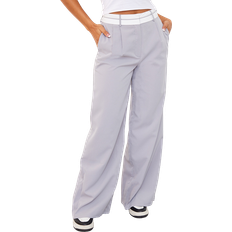 PrettyLittleThing Turn Over Waist Straight Leg Trousers - Light Grey