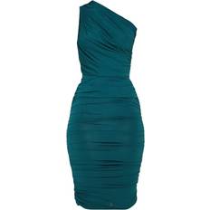 Knee Length Dresses - L PrettyLittleThing Slinky One Shoulder Ruched Longline Midi Dress - Emerald Green