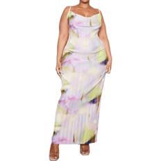 Long Dresses - Purple PrettyLittleThing Printed Plisse Cowl Neck Maxi Dress Plus Size - Lilac