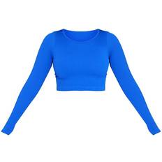 PrettyLittleThing Structured Contour Ribbed Round Neck Long Sleeve Crop Top - Cobalt