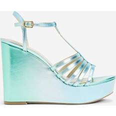 Green Heeled Sandals Kenneth Cole Celia Wedge Sandal in Blue/Green PU, Blue