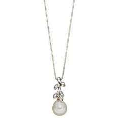 Elements gold womens pearl and dimond leaf design pendant white gold