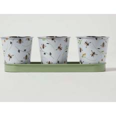 Homescapes Set of 3 Green and White Plant Pots with Floral Bee Green