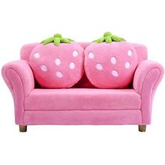 Costway Kids Sofa, with 2 Cute Strawberry Pillows, Children Couch Armrest Double Lounge Bed Fleece