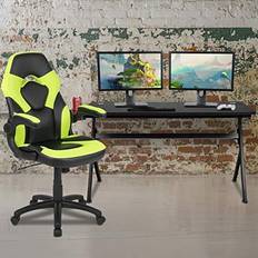 Emma + Oliver Black/Green Gaming Desk Bundle - Cup & Headphone Holders/Mouse Pad Top