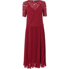 Roman Lace Top Overlay Pleated Midi Dress - Wine