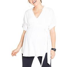 Women's Maternity Popover Tie Waist Shirt Ivory Ivory