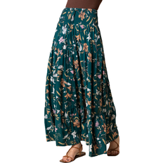 Turquoise - Women Skirts Roman Floral Shirred Waist Maxi Skirt - Teal