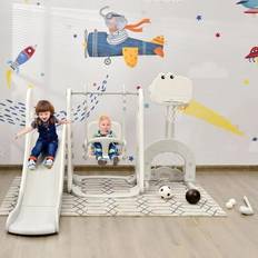 Goplus Toddlers' 6-in-1 Slide and Swing Set with Ball Games, White