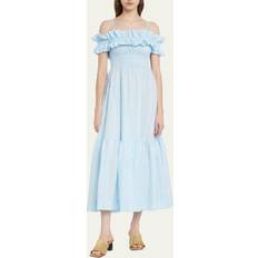 Ganni Ruched off-shoulder maxi dress blue