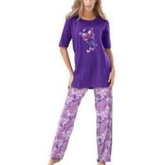 Dreams & Co Women's Graphic Tee PJ Set Plus Size - Plum Burst Floral Butterfly