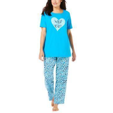 Dreams & Co Women's Graphic Tee PJ Set Plus Size - Pool Blue Animal Hearts