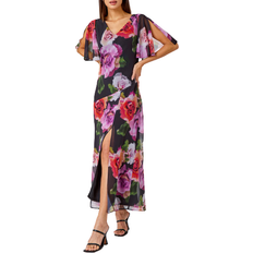 Black - Florals - Women Dresses Roman Floral Print Tie Back Maxi Dress - Black