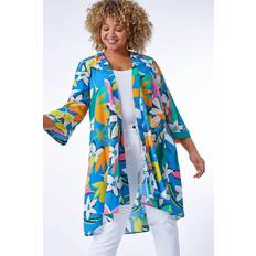 Blue - Women Robes Roman Curve Tropical Print Longline Kimono