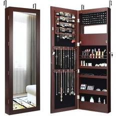 Costway Wall Door Mounted Mirror Jewelry Cabinet Organizer Brown Brown