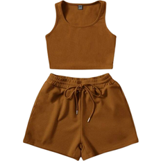 Shein Ezwear Scoop Neck Tank Top and Track Shorts - Brown