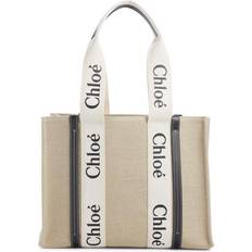 Chloé Large Woody Linen Tote Bag - White/Blue 1