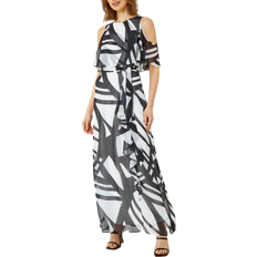 Roman Geometric Overlay Cold Shoulder Maxi Dress - Ivory