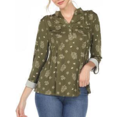 White Mark Women's Pleated Leaf Print Blouse - Olive