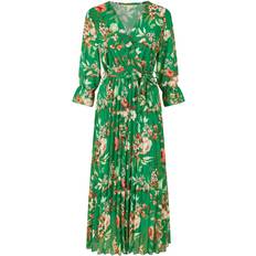 Florals - V-Neck Dresses Yumi Floral Print Midi Wrap Dress with Pleated Skirt - Green