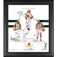 Milwaukee Bucks Facsimile Signatures 15 x 17 2020-21 Franchise Foundations Collage with Piece of Game-Used