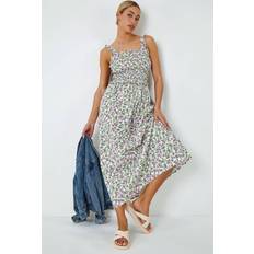 Dusk Fashion Floral Print Shirred Stretch Maxi Dress in Ivory