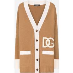 Brown - Women Cardigans Dolce & Gabbana Long wool cardigan with embroidered DG patch