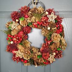 Wood Decorations Festive Wreath Pine Cones and Berries Gold/Red Decoration 36cm