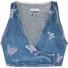 Ganni Embroidered denim crop top blue