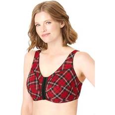 Comfort Choice Plus Women's Cotton Front-Close Wireless Bra in Classic Red Plaid Size DDD