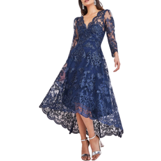 Goddiva Scalloped Lace Dipped Hem Midi Dress - Navy